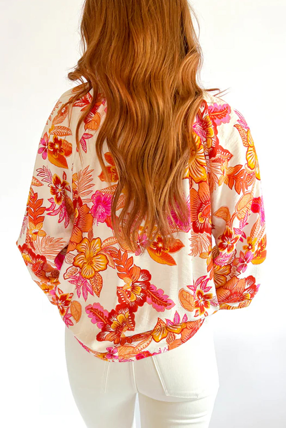 Floral Print Puff Sleeve Blouse with Pearl Button Keyhole | Orange