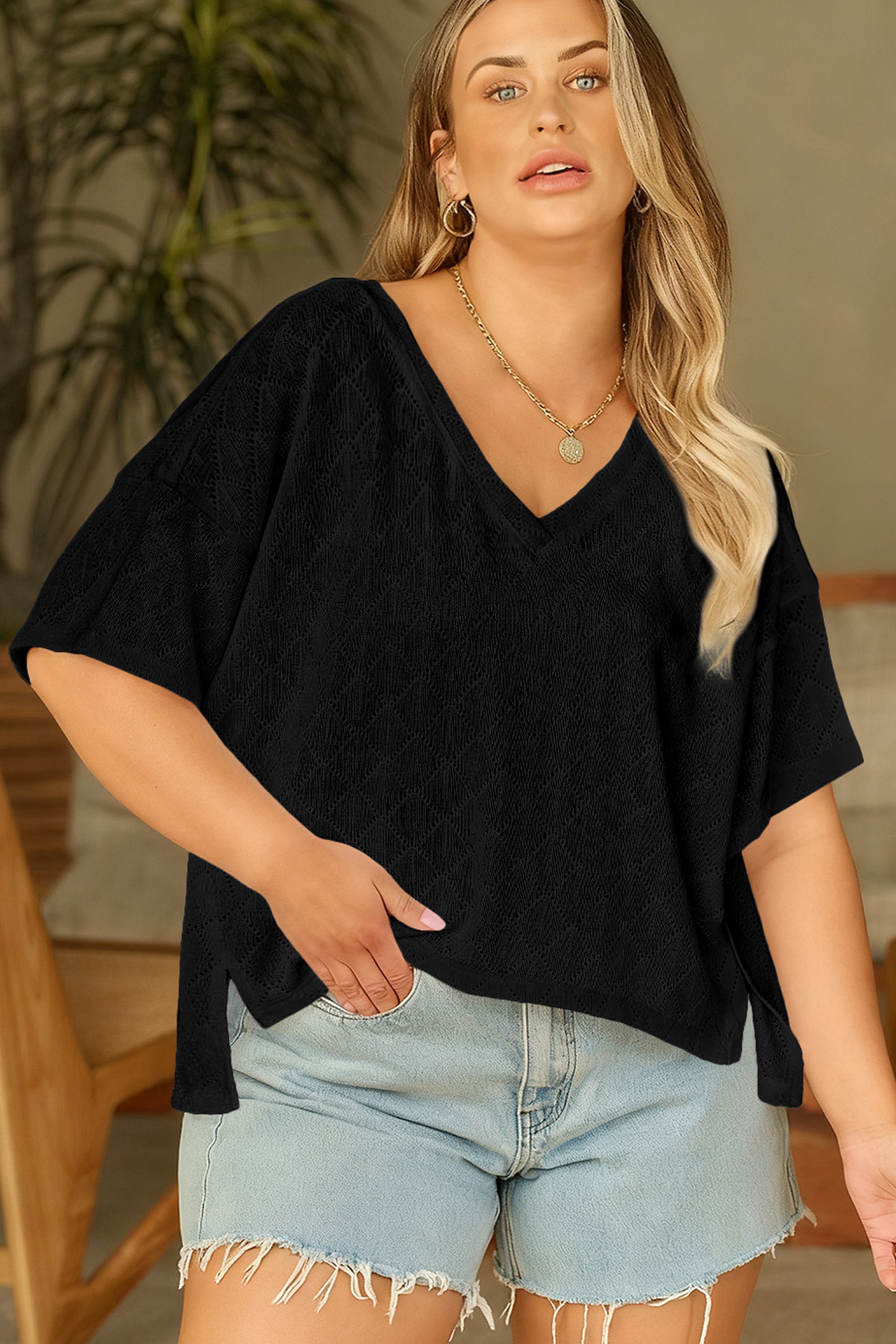 Lightweight Knit V-Neck Short Sleeve Top – Plus Size Black Light Pink Beige Blue L–4X