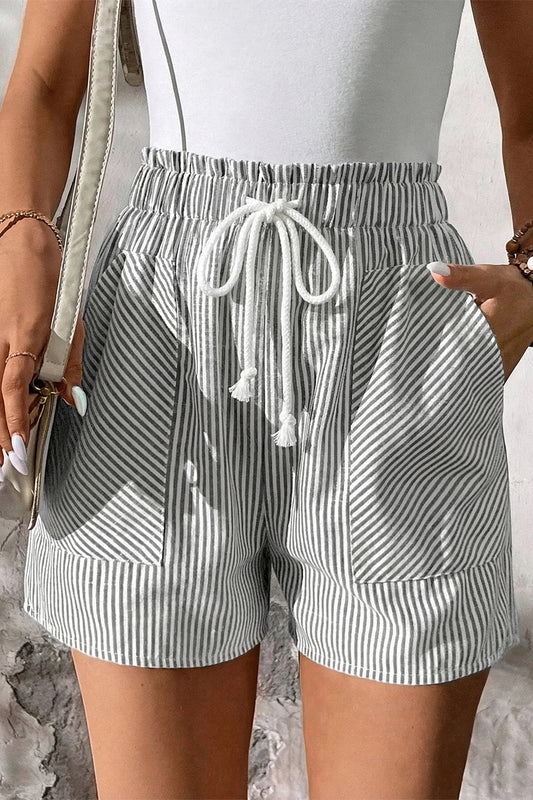 Grey Stripe Lace-Up Elastic Waist Casual Shorts with Pockets | S–XL