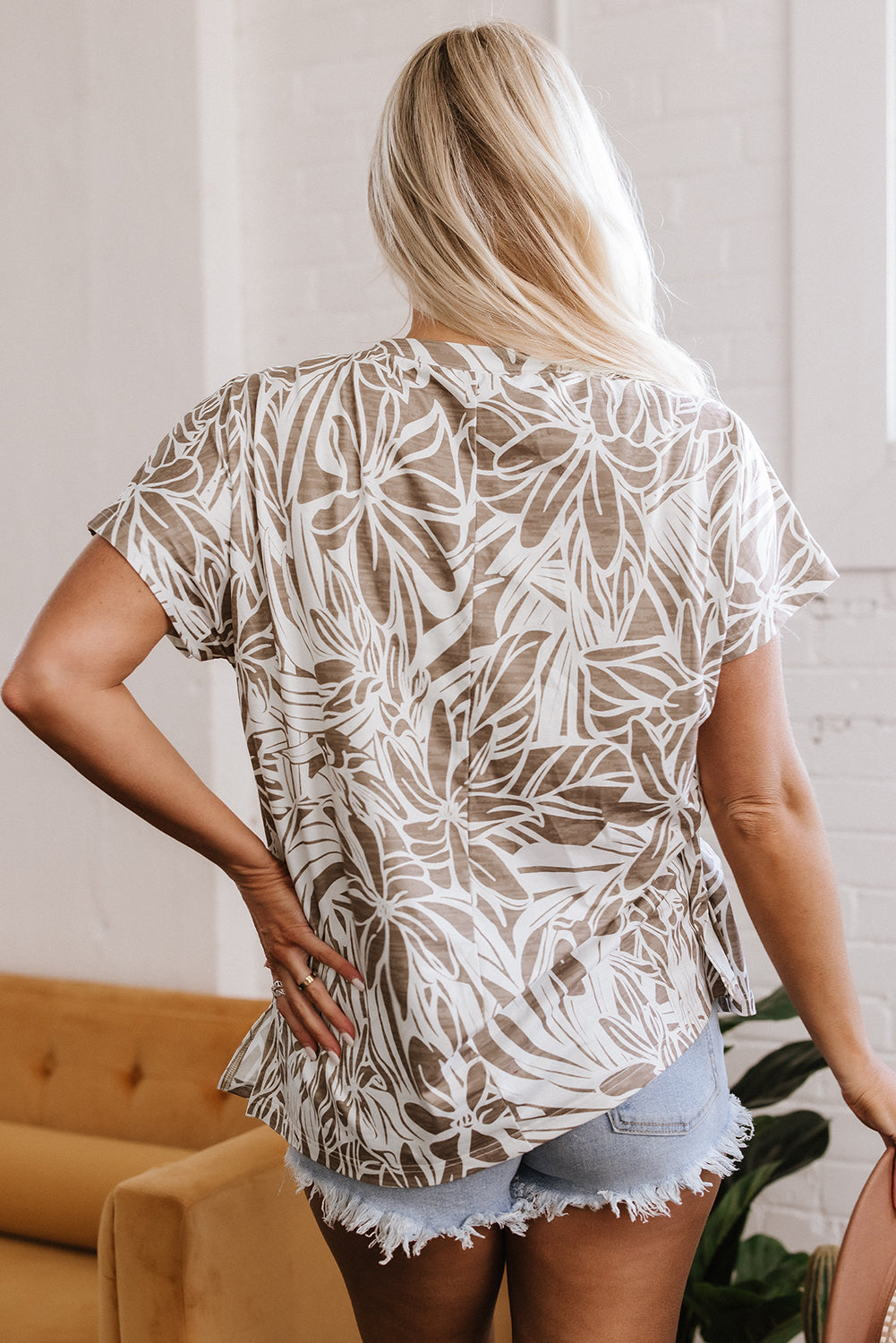Floral Print V-Neck Short Sleeve Loose Blouse