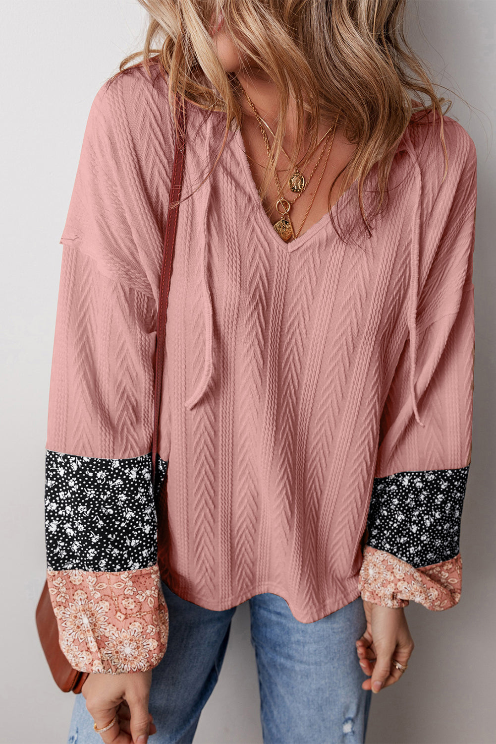 Floral Patchwork Textured Knit Drawstring V-Neck Blouse