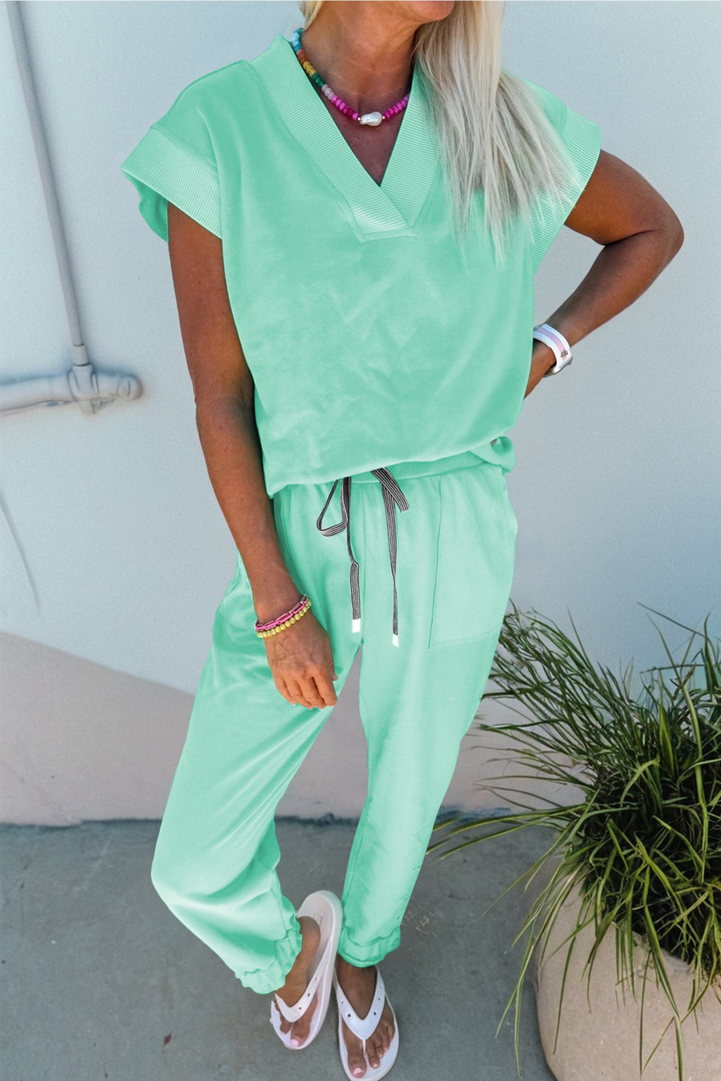 V-Neck Tee & Drawstring Pant Lounge Set | Pink, Mint, Apricot & Blue | S–XL