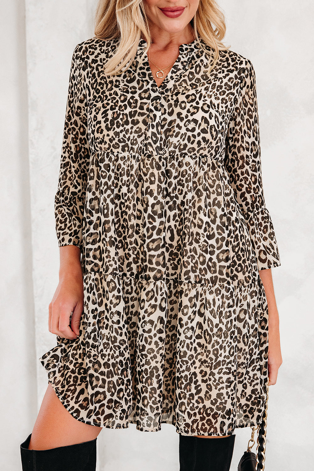 Khaki Leopard Print 3/4 Sleeve Split V-Neck Swing Dress