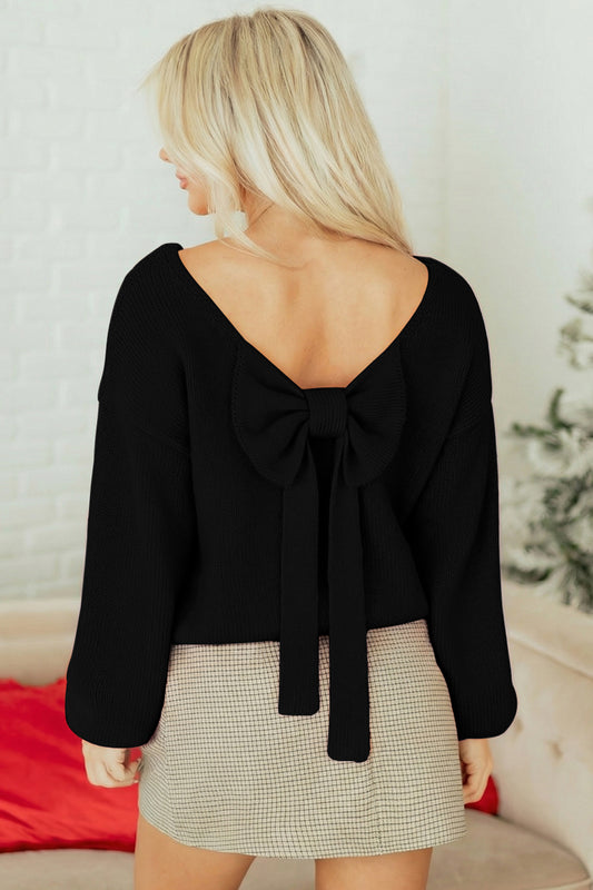 Bow Backless Bubble Sleeve Sweater | Black