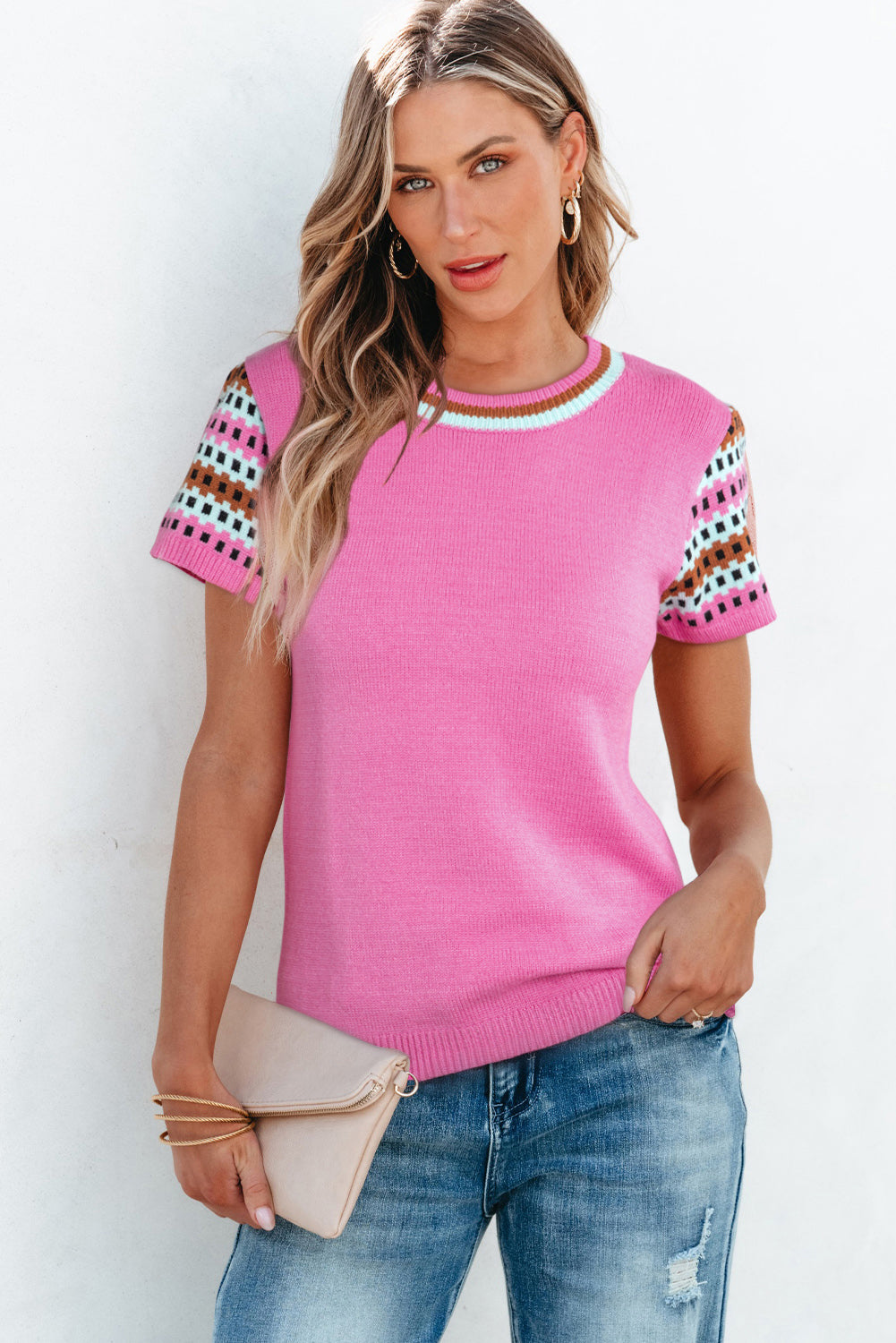 Bright Pink Contrast Printed Cap Sleeve Crewneck Sweater