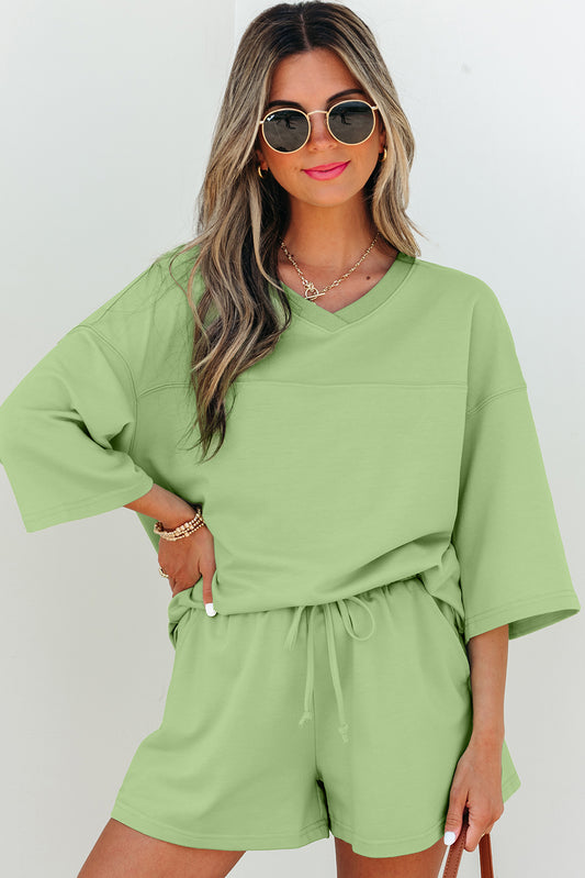 Loose V-Neck Half Sleeve Tee Drawstring Shorts Set