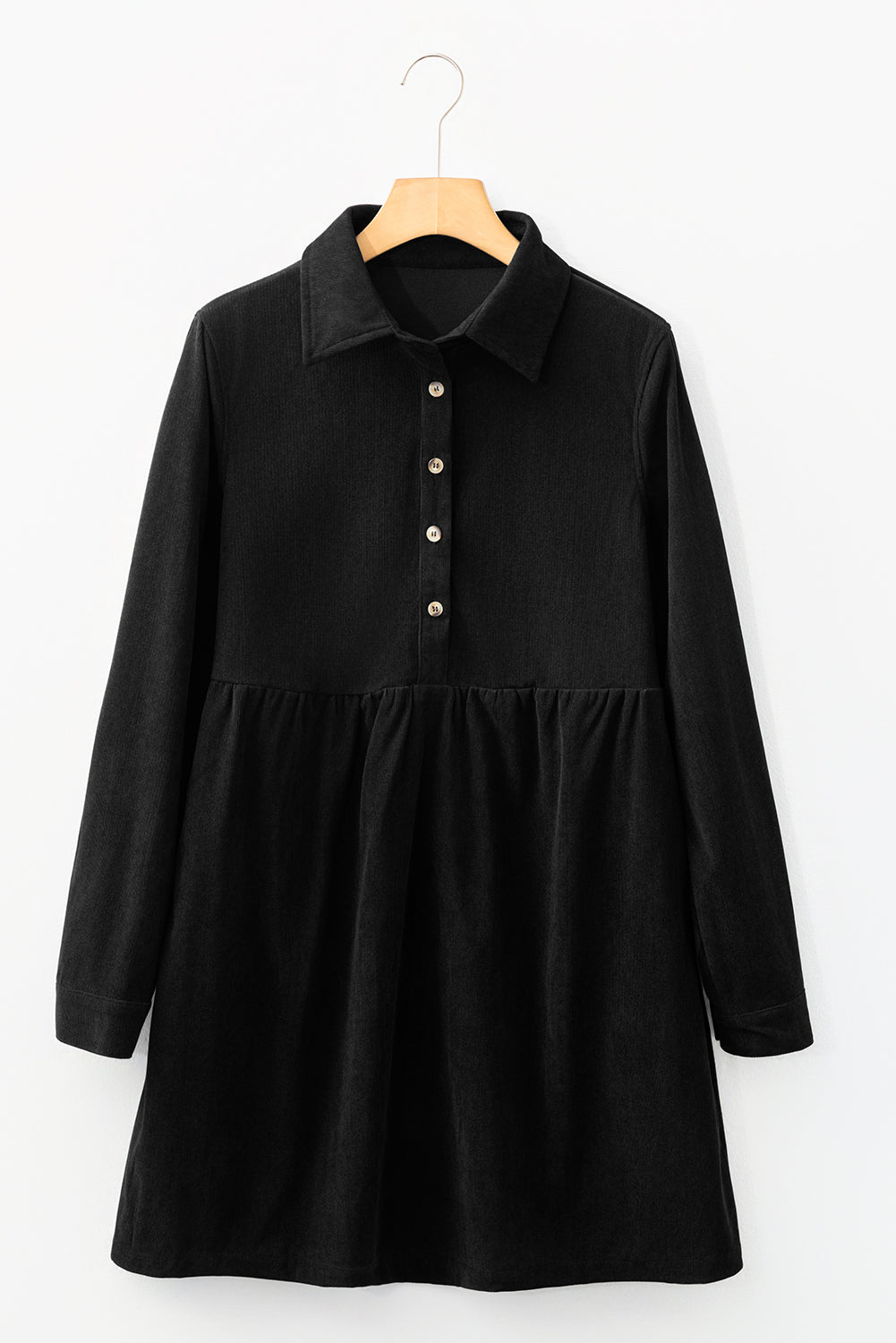 Corduroy Half Button Collared Mini Dress in Black
