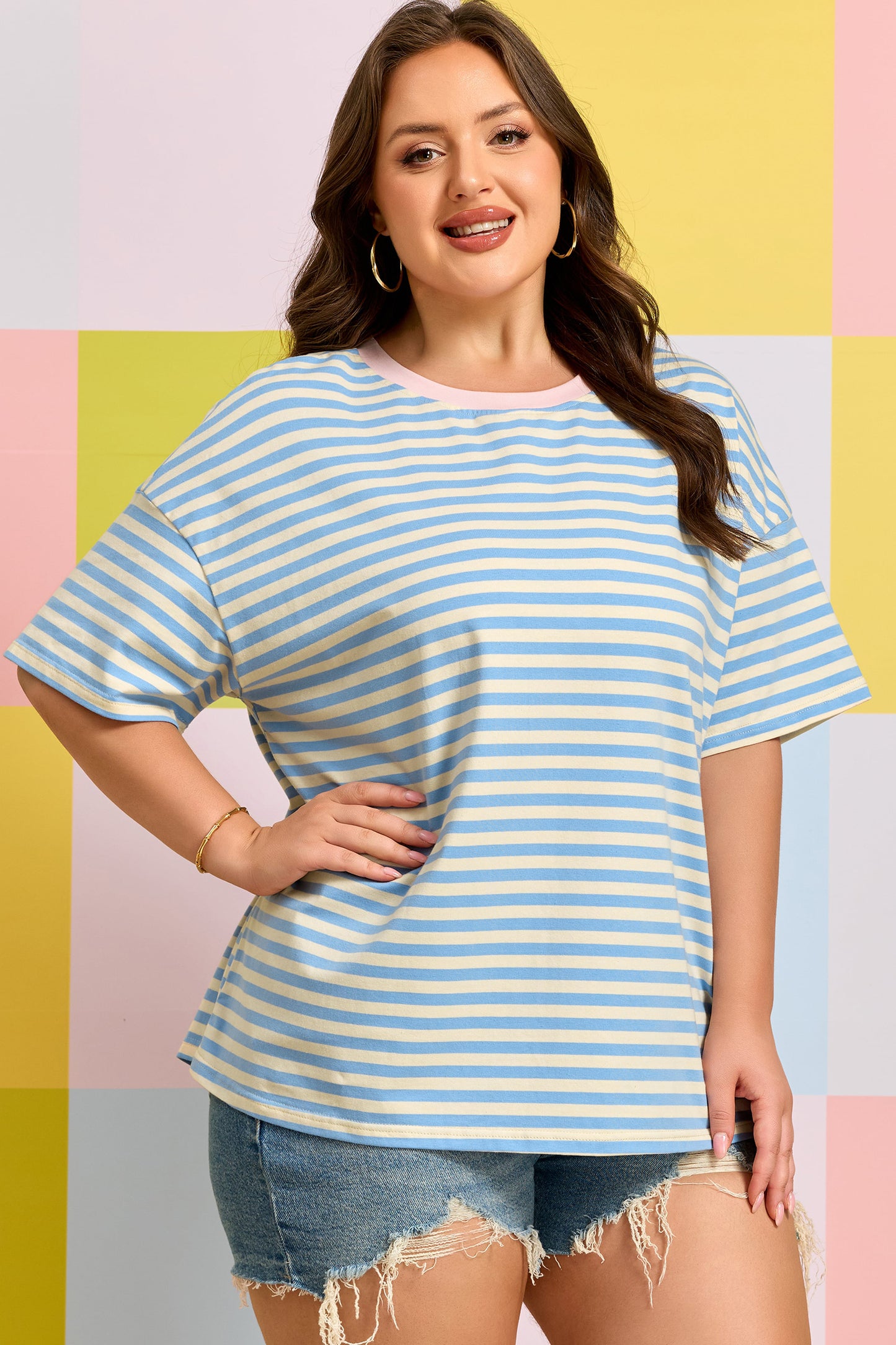 Plus Size Blue Stripe Drop Shoulder Tee Women 1X–4X