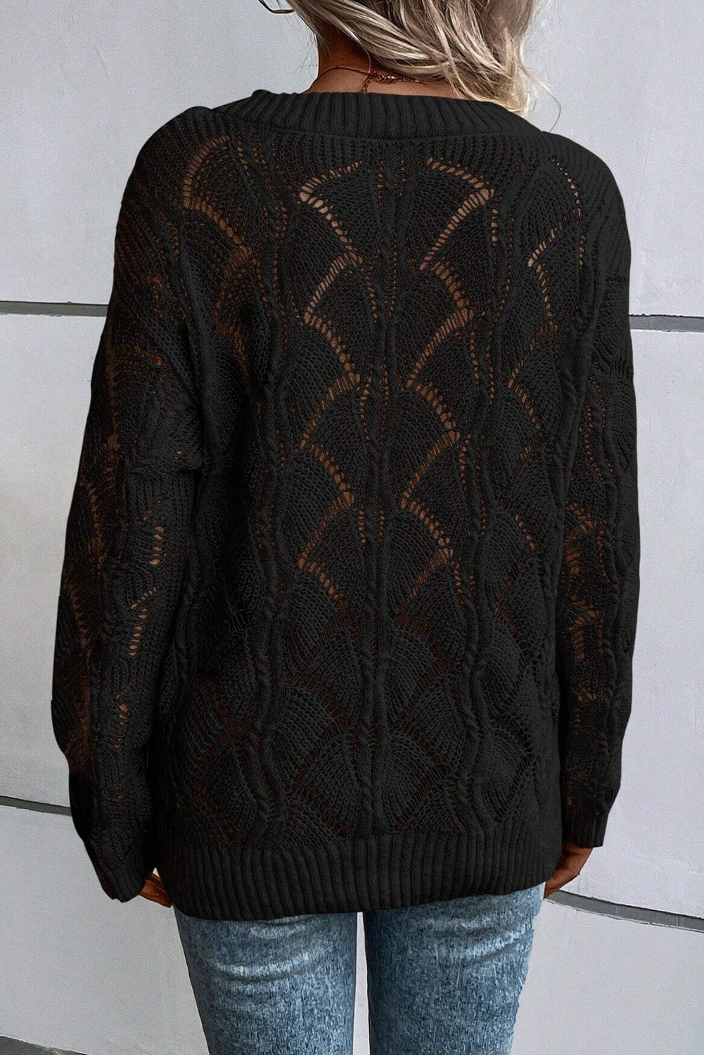 Hollow-Out Knit V-Neck Drop Shoulder Sweater | Black