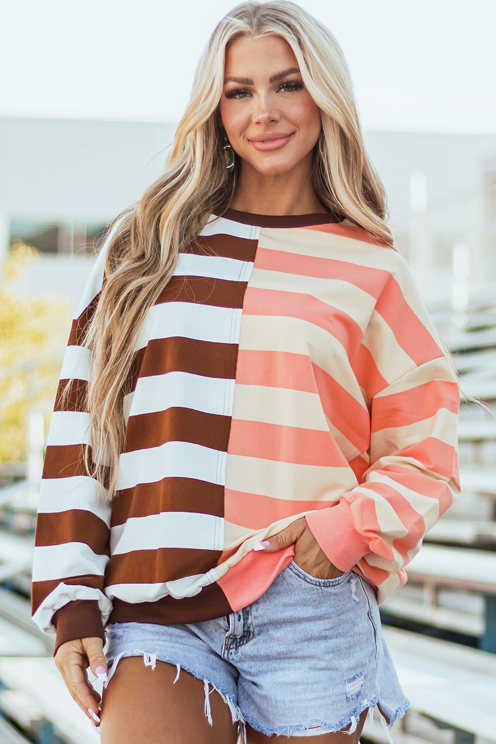 Brown Stripe Colourblock Drop Shoulder Pullover Sweatshirt | S–XL