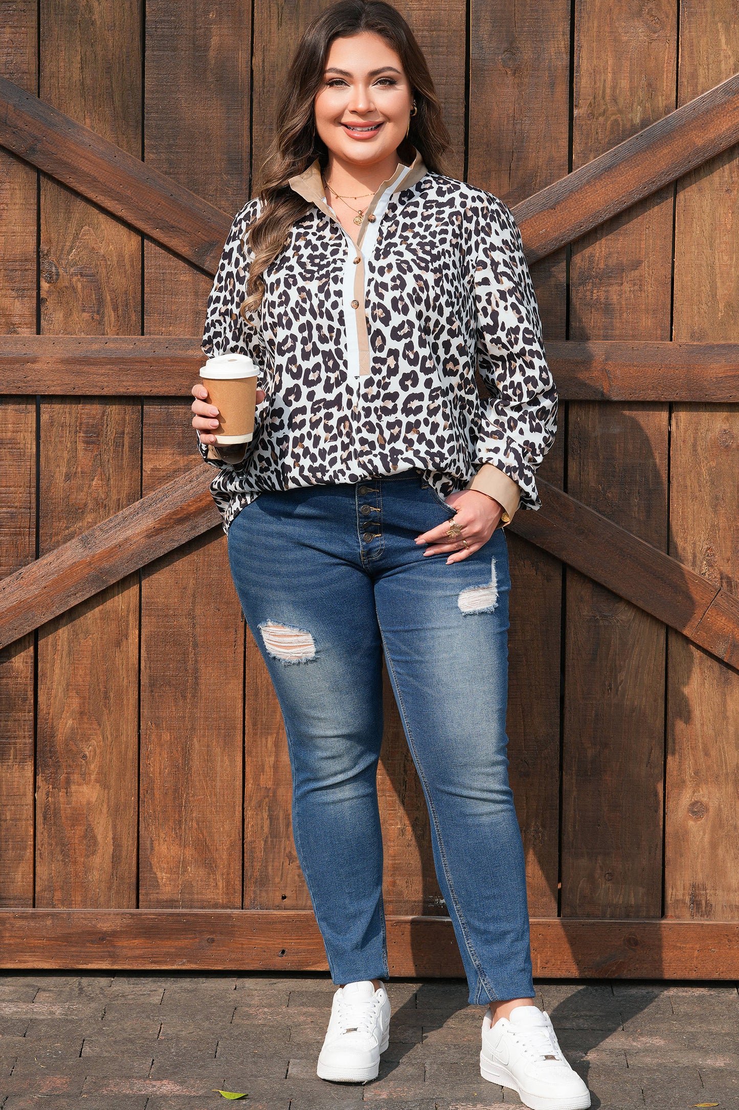 Plus Size Leopard Print Long Sleeve Top Women Black White 1X–4X