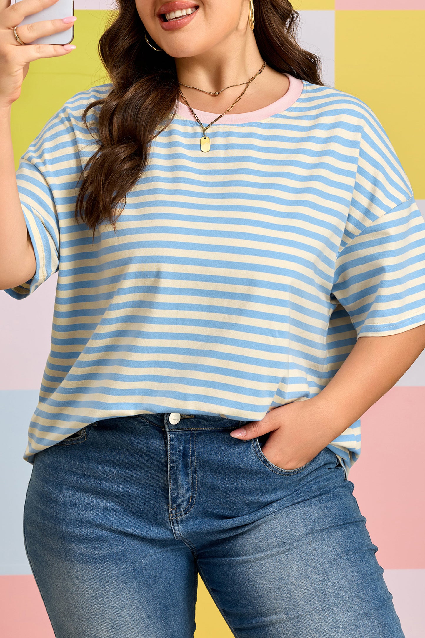 Plus Size Blue Stripe Drop Shoulder Tee Women 1X–4X