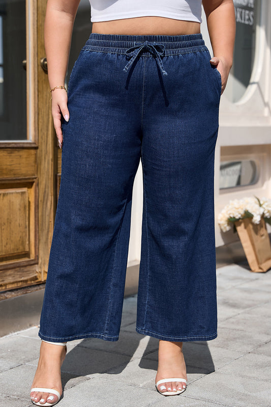 Drawstring High Waist Wide Leg Ankle Jeans – Plus Size Dark Blue 1X–4X