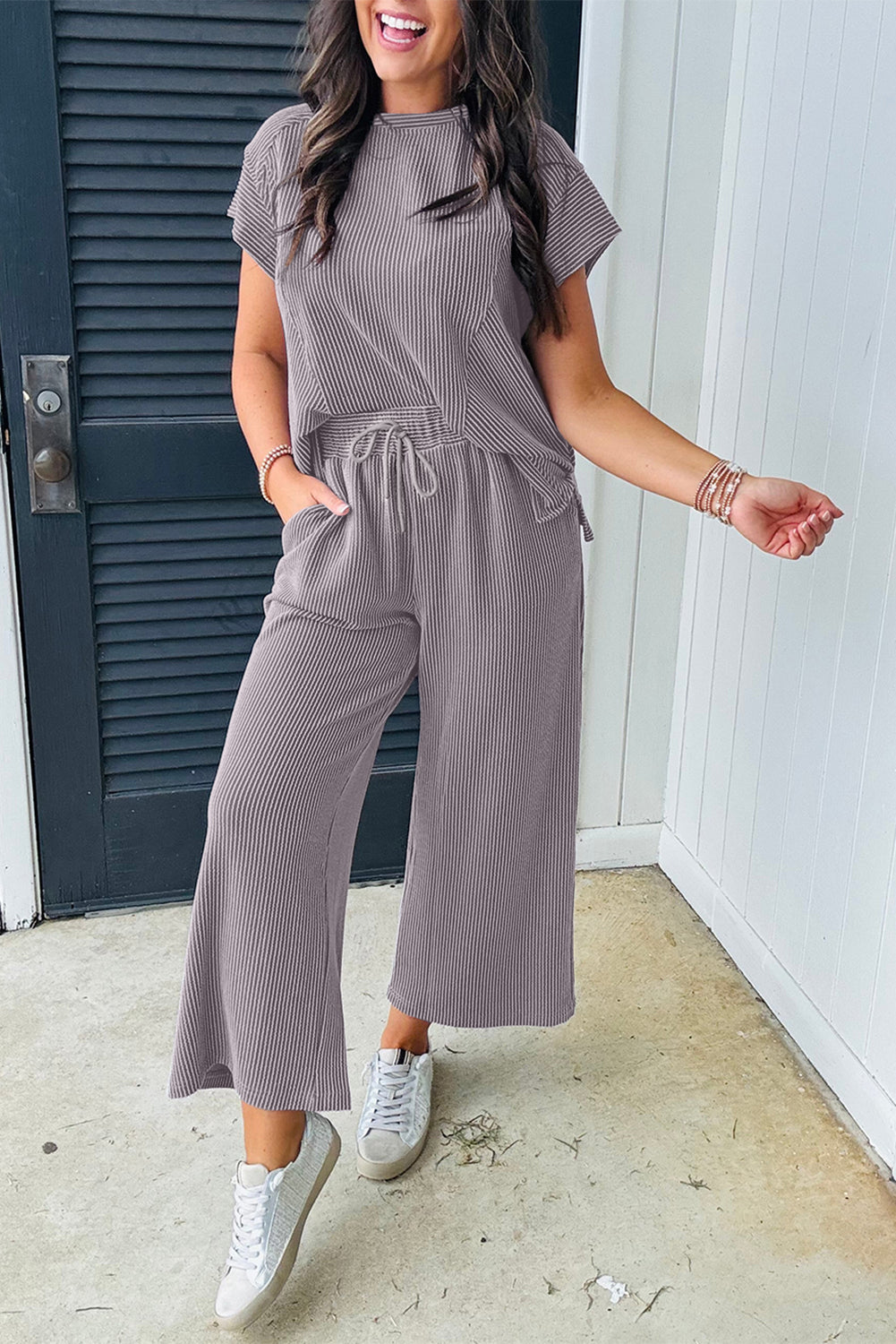 Corded Knit Short-Sleeve Tee & Wide-Leg Pants Set | Taupe