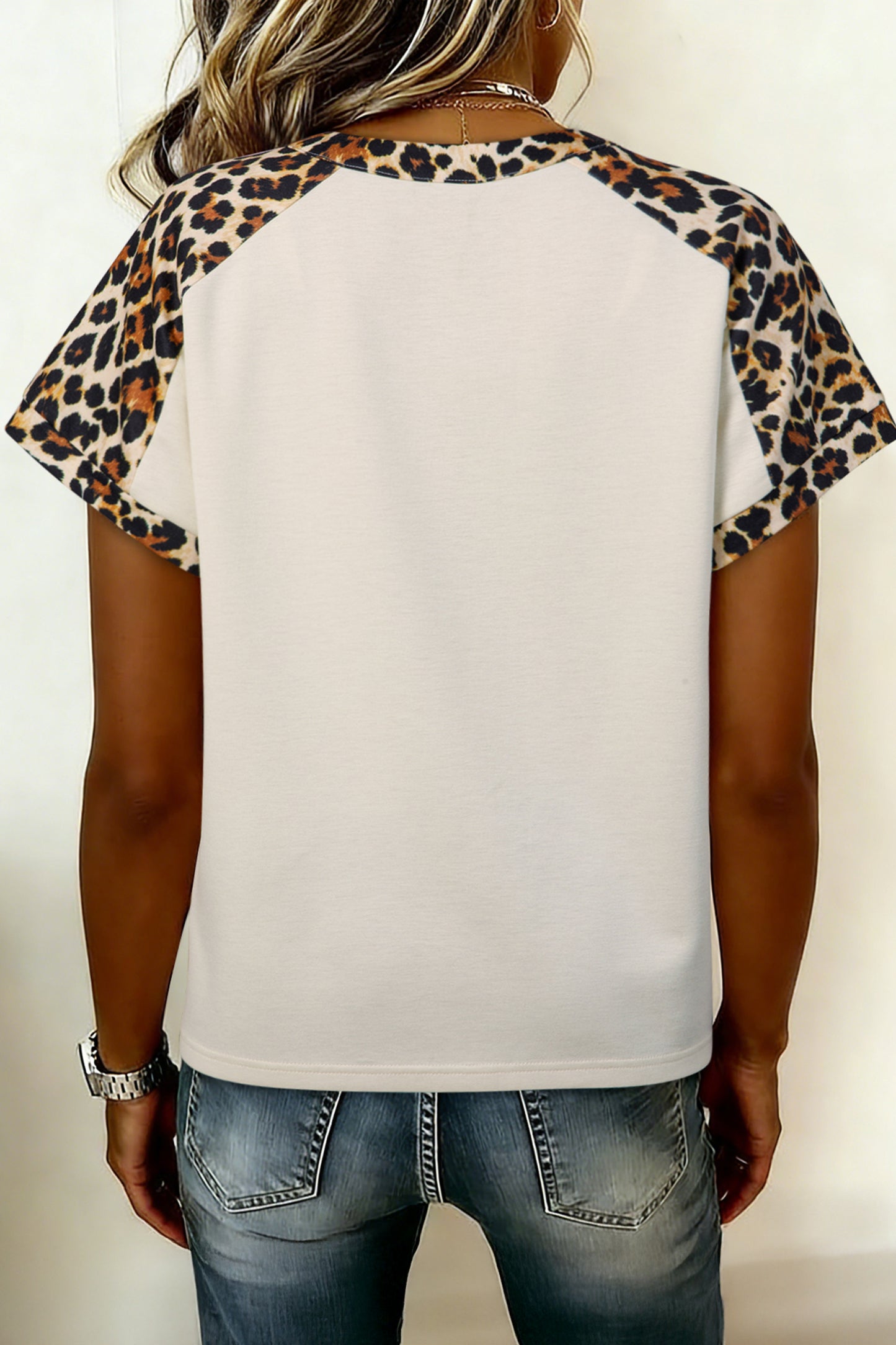 Leopard Patchwork Half Button Short Sleeve Top | Beige | S–XL