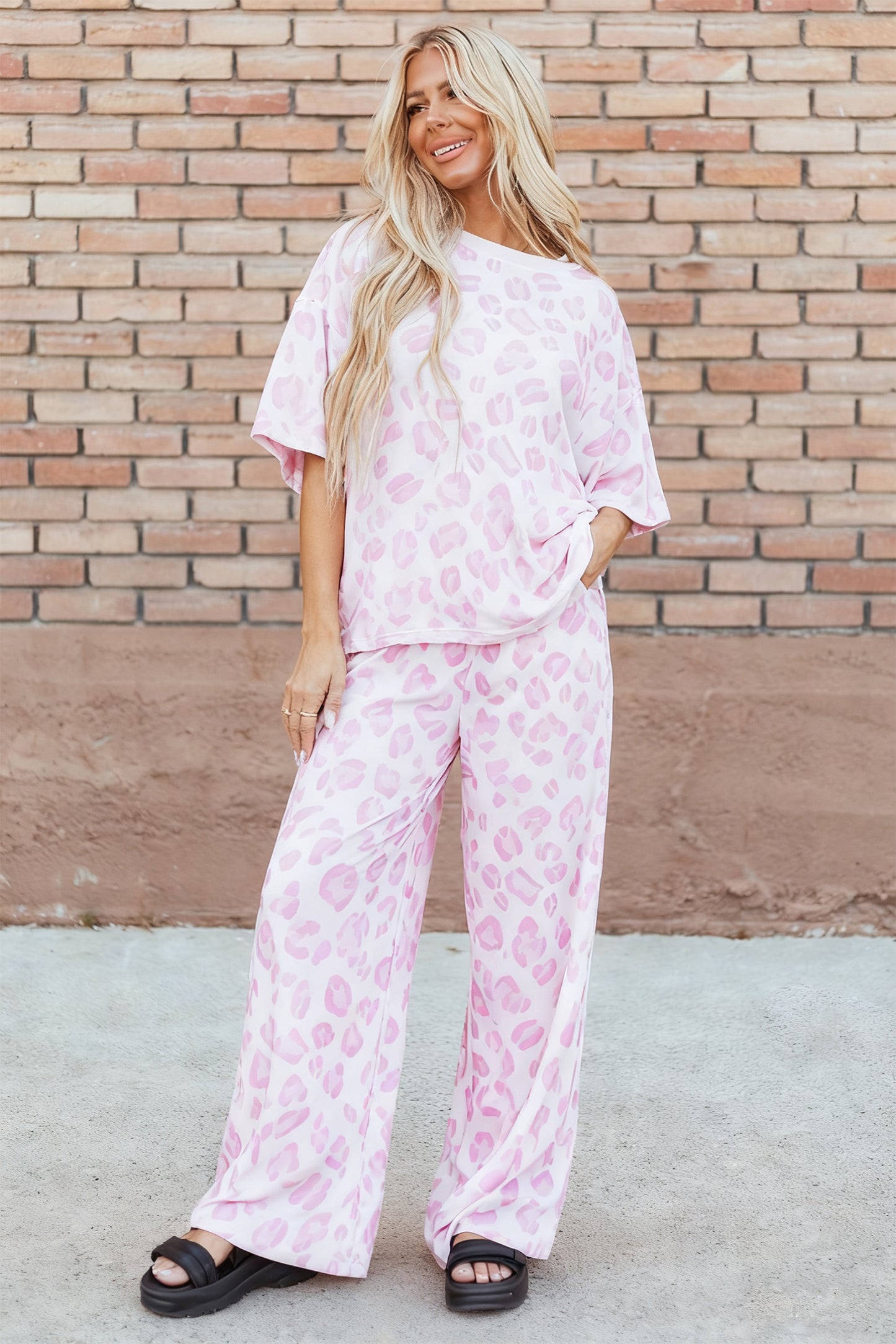 Pink Leopard Print Short Sleeve Top & Pants Two-Piece Set | S–XL