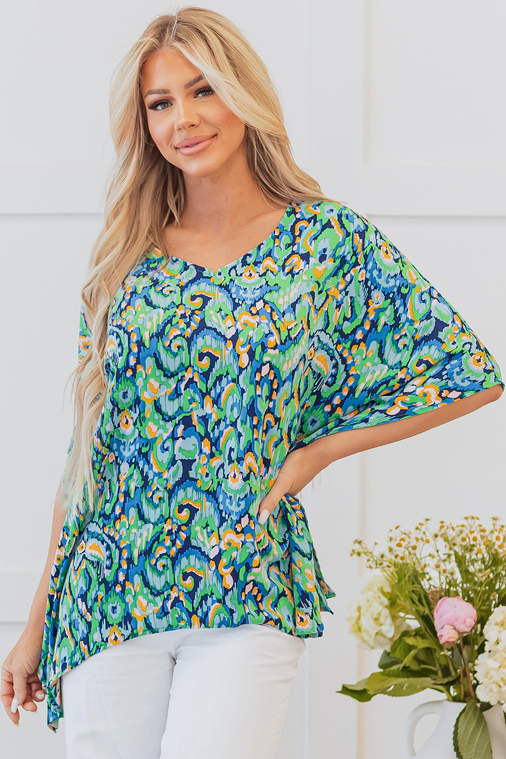 Green Abstract Print V-Neck Half Sleeve Loose Fit Tunic Blouse – Women's Relaxed Top (S–XL)