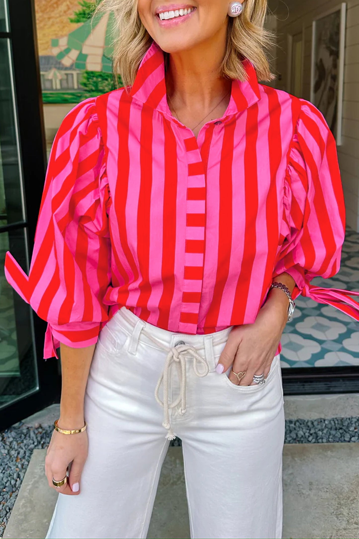 Womens Puff Sleeve Striped Blouse S–XL