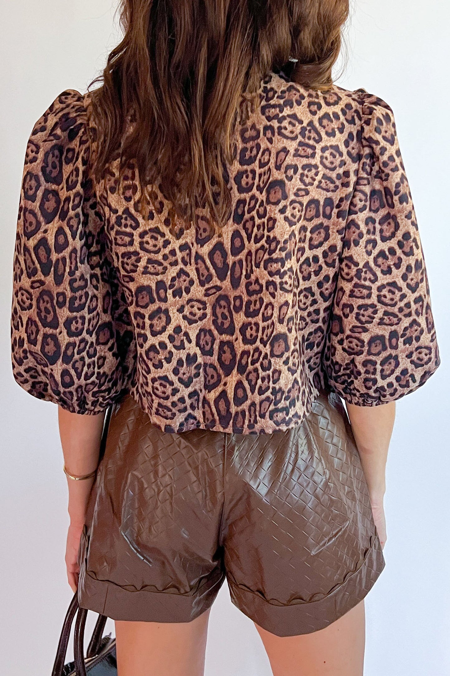 Brown Leopard Print Bow Tie Puff Sleeve Blouse