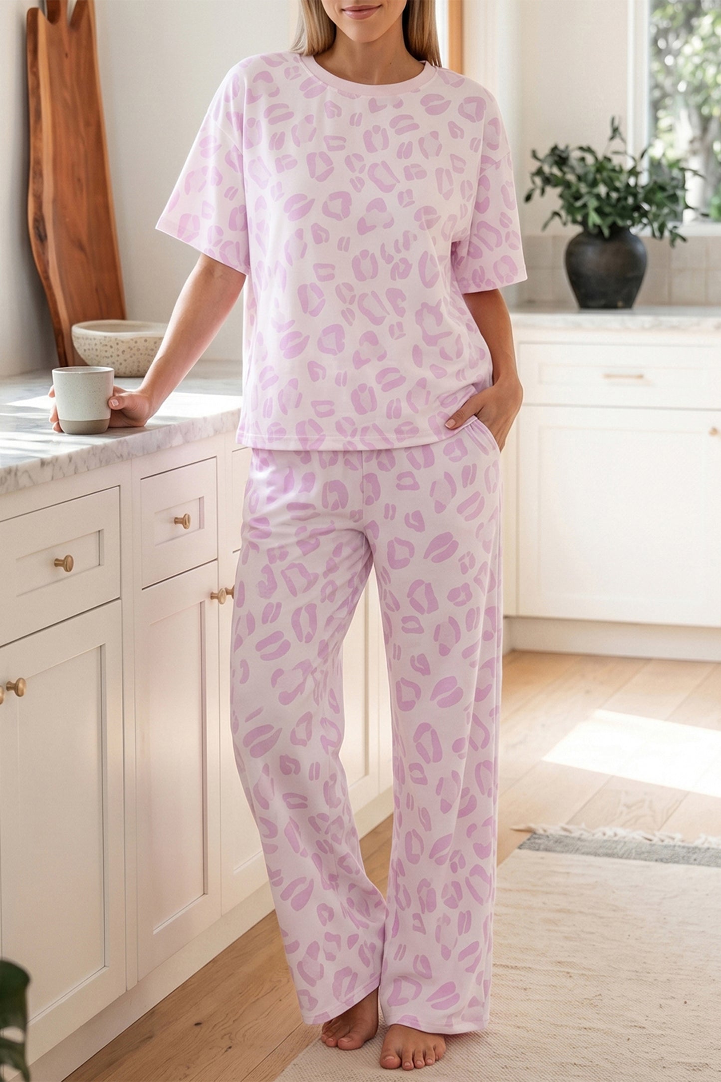 Pink Leopard Print Short Sleeve Top & Pants Two-Piece Set | S–XL