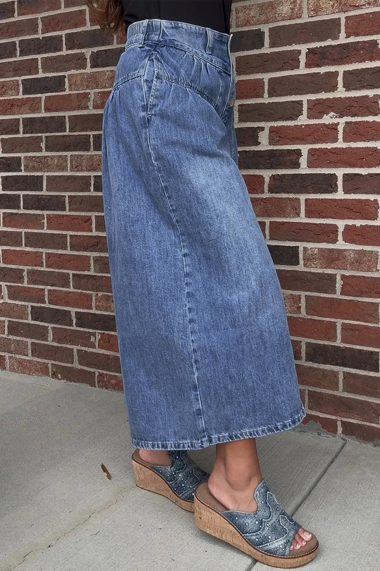 High-Rise Pleated Wide-Leg Cropped Denim Jeans | Dusk Blue
