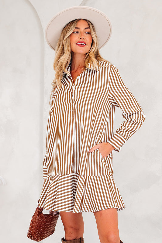 Brown Stripe Shirt Mini Dress Women S–XL