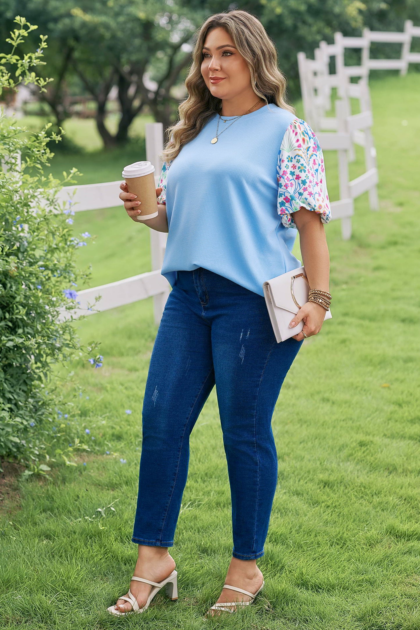 Womens Plus Size Light Blue Floral Sleeve Top 1X–4X