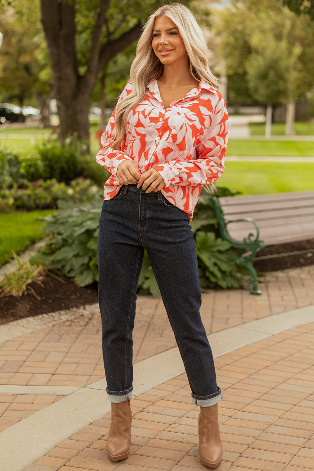Orange Floral Blouse Women S–XL