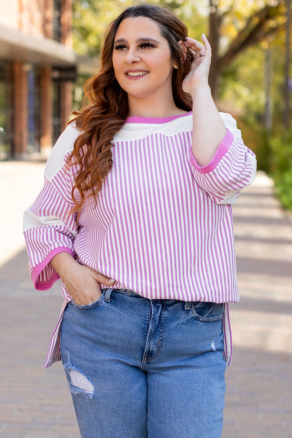 Stripe Patchwork Bracelet Sleeve T-Shirt | Plus Size | Pink Stripe | 1X–3X