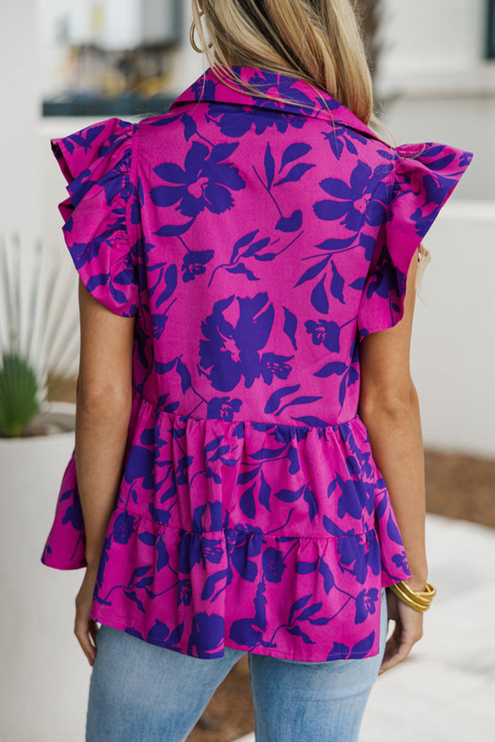 Orange Floral Print Collared Button Neckline Flutter Sleeve Blouse – Women's Romantic Casual Top (S–XL)