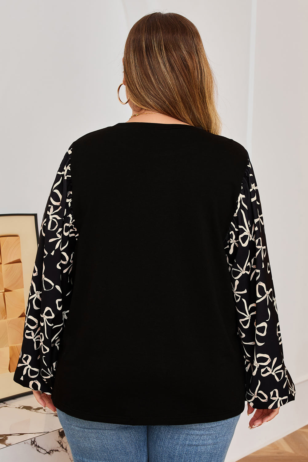 Bow Print Satin Balloon Sleeve Knit Patchwork Blouse | Plus Size | Black | 1X–4X