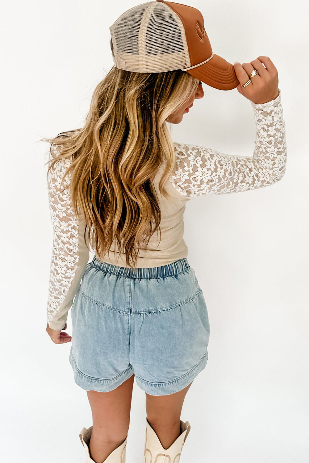 Floral Lace Patchwork High Neck Long Sleeve Slim Top | Beige