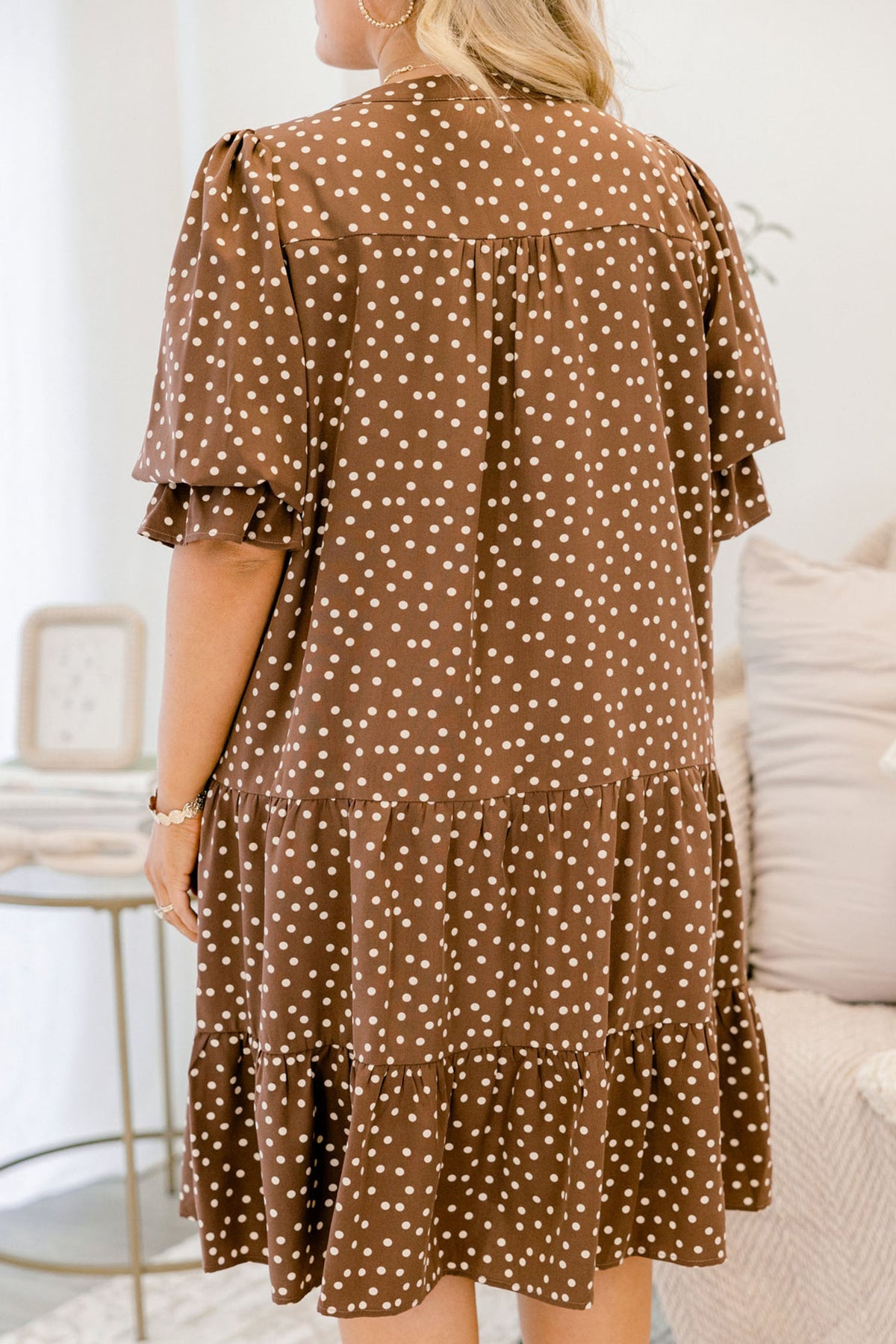 Plus Size Brown Polka Dot Long Sleeve V-Neck Shift Dress 1X to 4X
