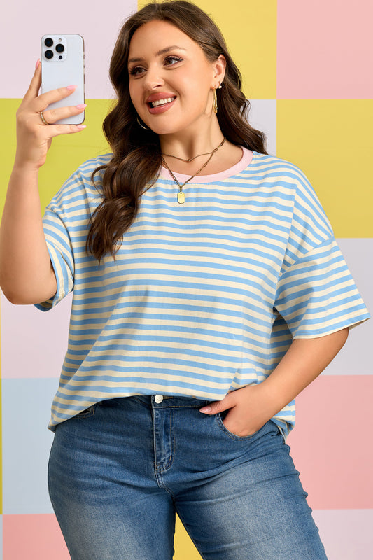 Plus Size Blue Stripe Drop Shoulder Tee Women 1X–4X