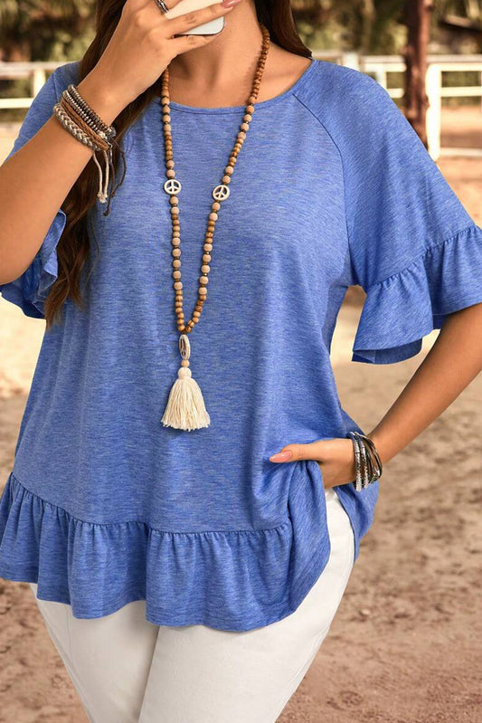 Ruffled Raglan Short Sleeve Blouse | Plus Size | Dusk Blue | 1X–4X