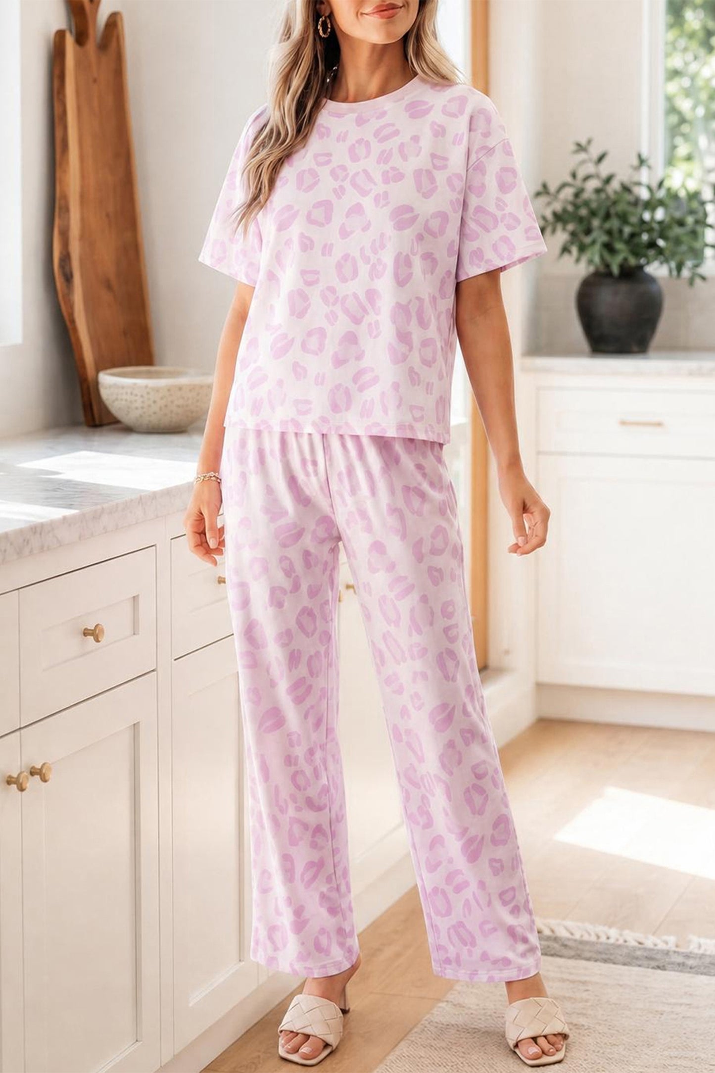 Pink Leopard Print Short Sleeve Top & Pants Two-Piece Set | S–XL