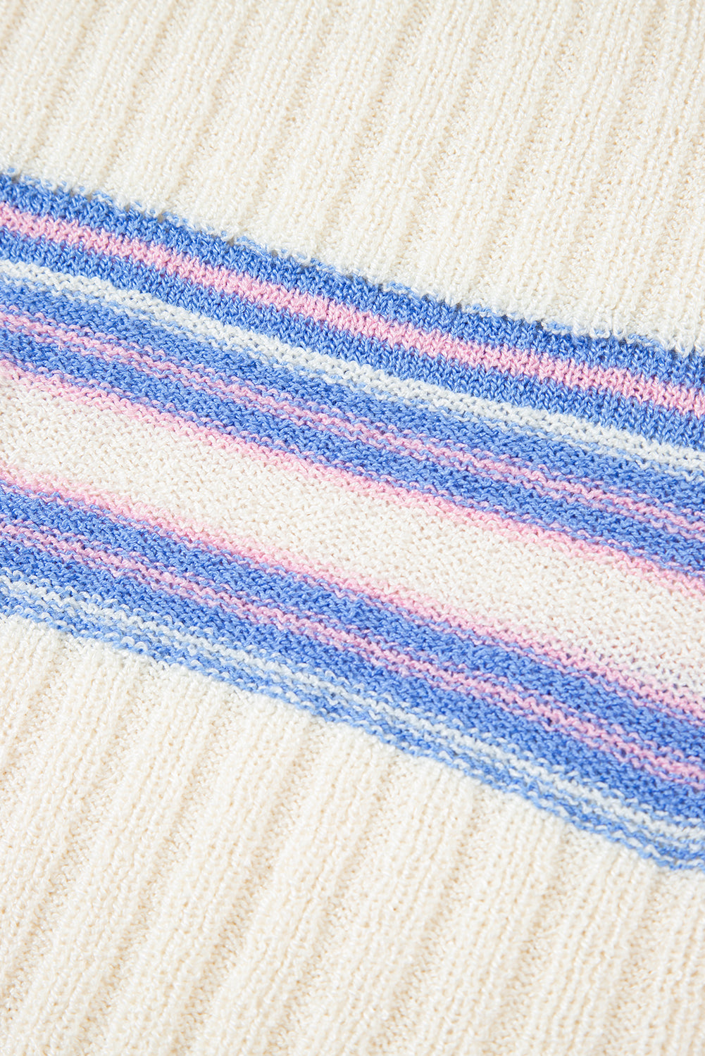 White Contrast Striped V-Neck Dolman Sleeve Ribbed Knit Oversized Tunic Sweater with Side Slits