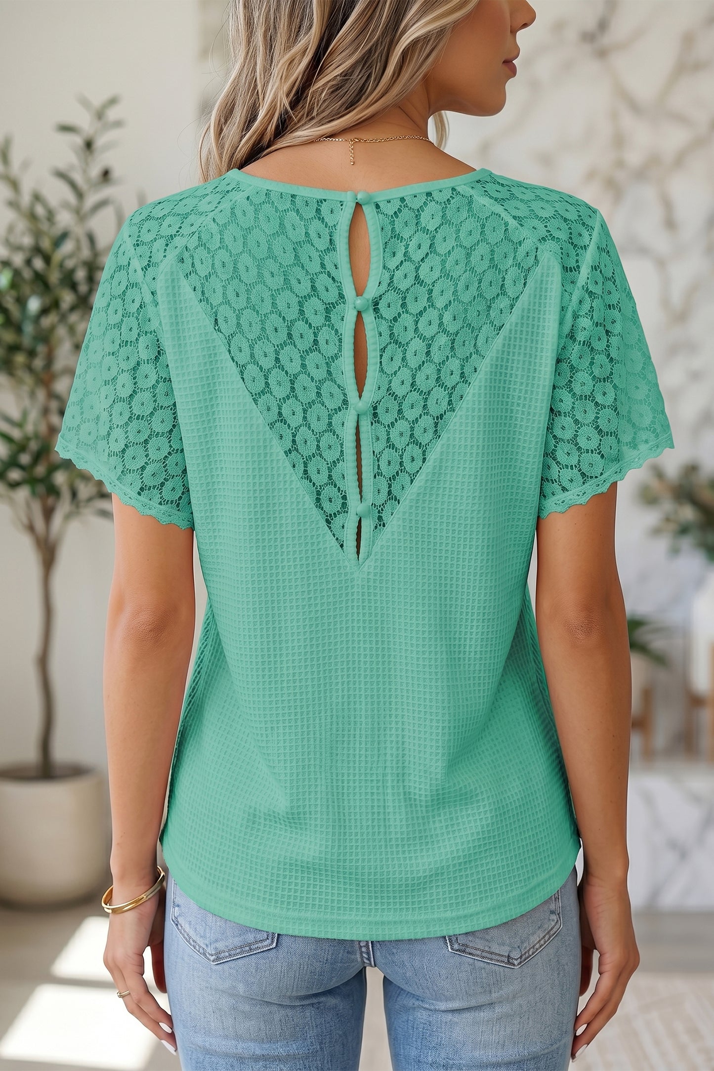 Womens Lace Trim Waffle Knit V Neck Top S–XL