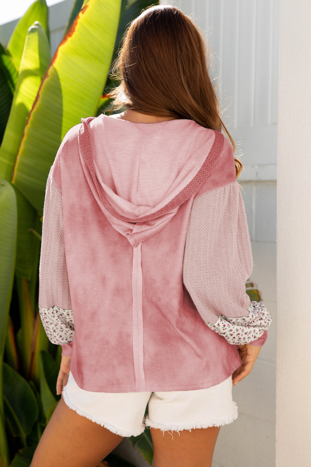 Floral Patch Waffle Texture Colorblock V-Neck Hoodie Top