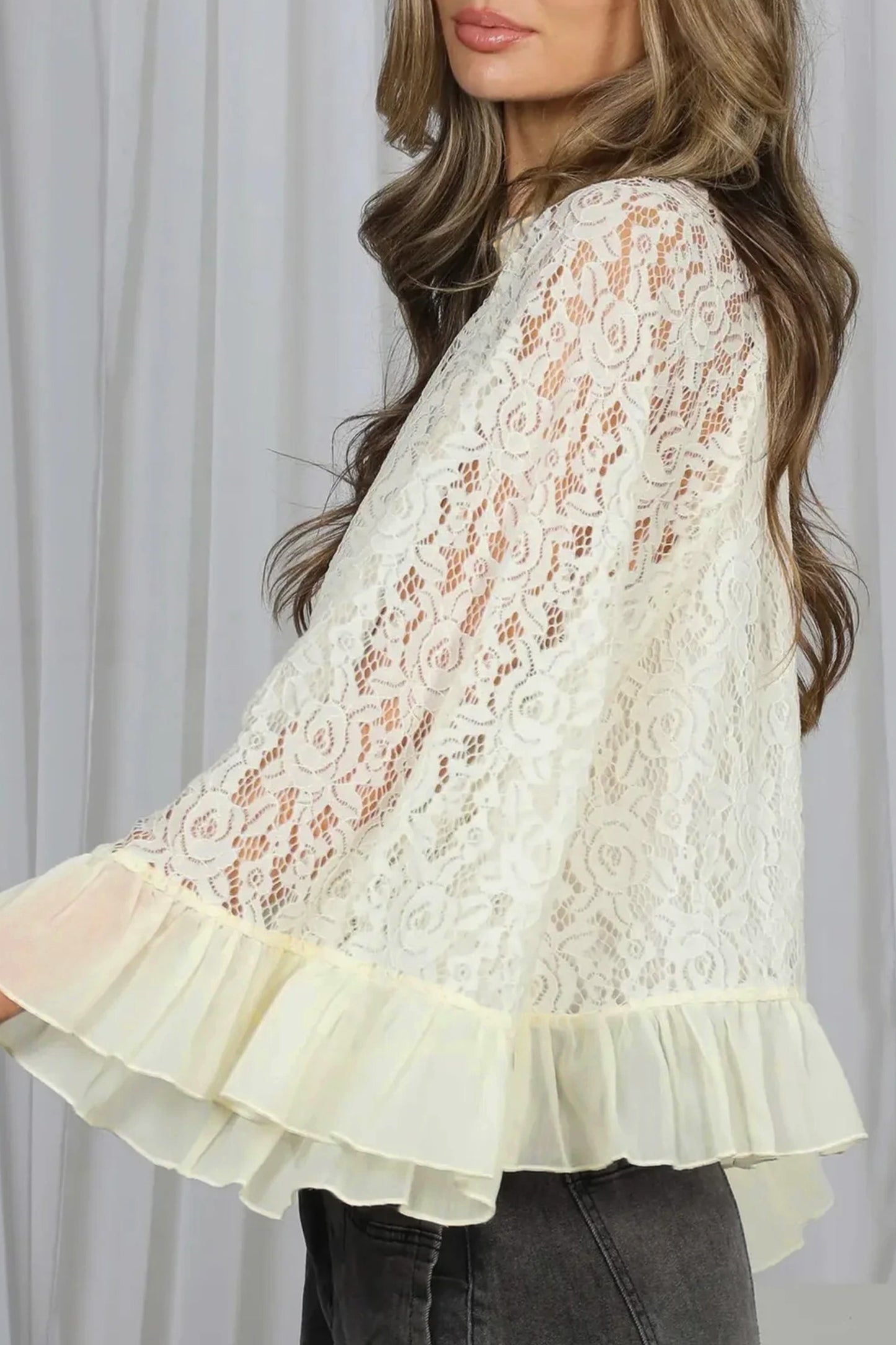 White Lace Long Sleeve Ruffle Blouse Women S–XL
