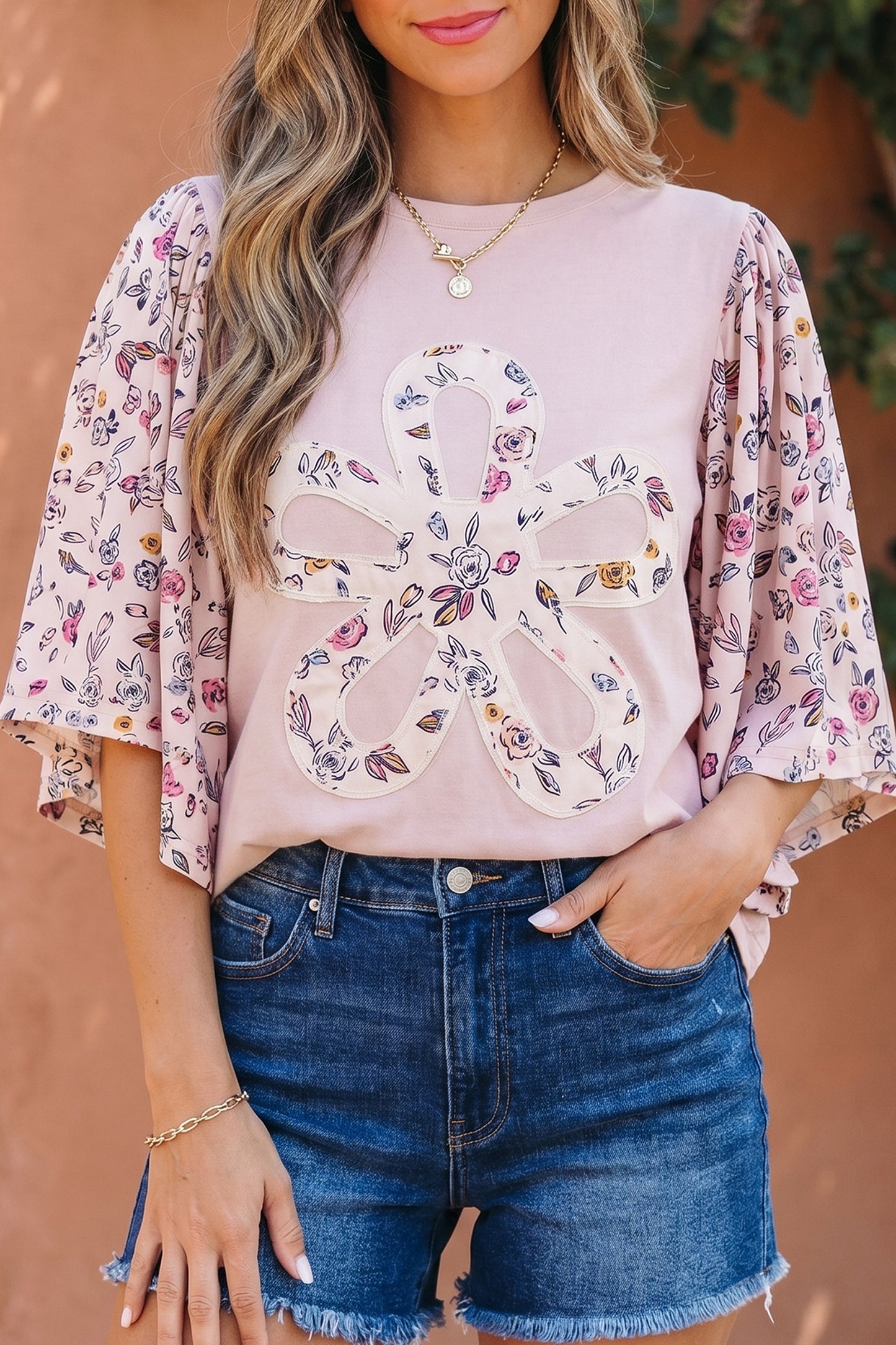 Pink Floral Patchwork Flowy Half Sleeve Blouse | Women S–XL