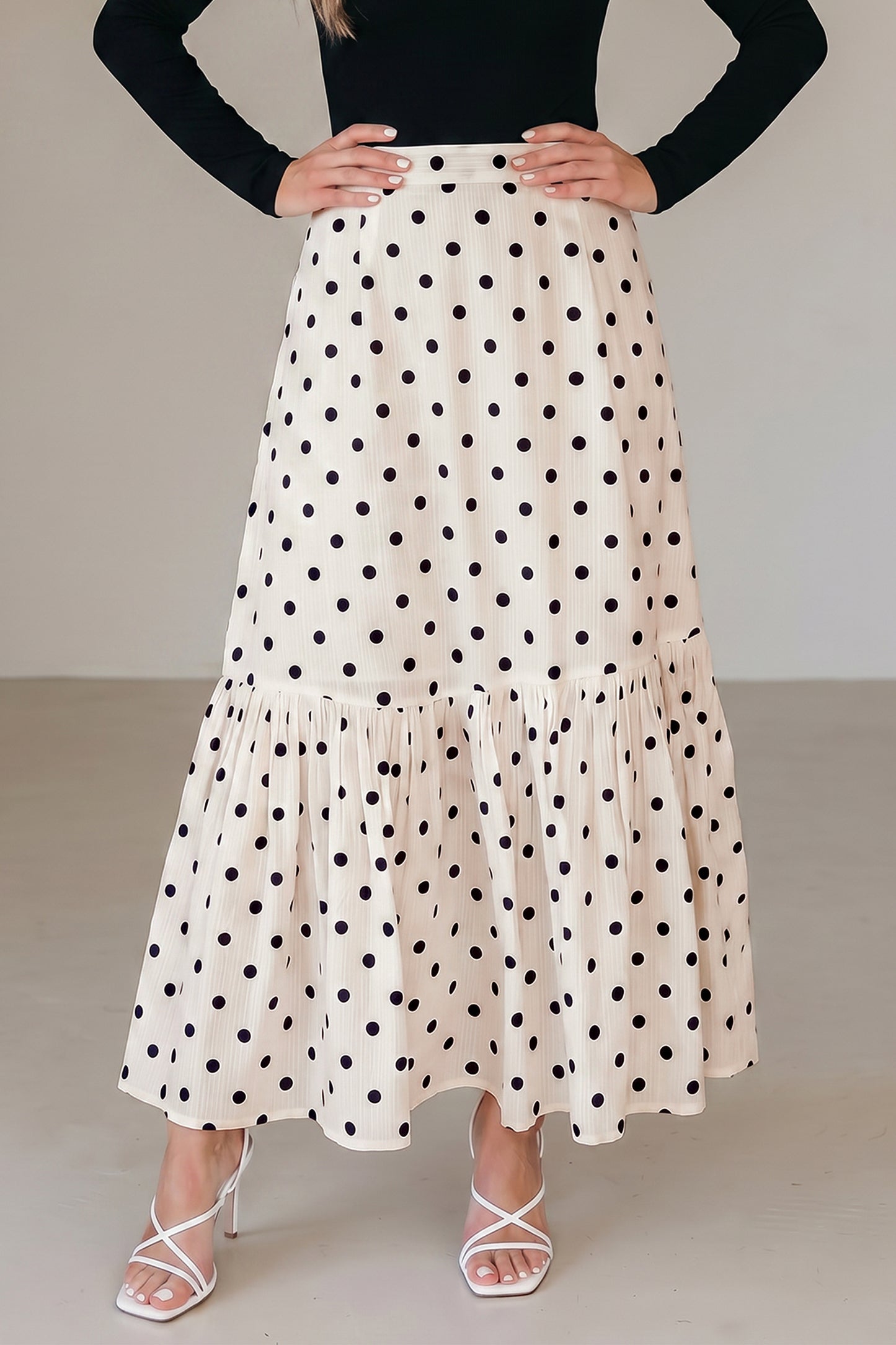White Polka Dot Ruffle Maxi Skirt Women S–XL