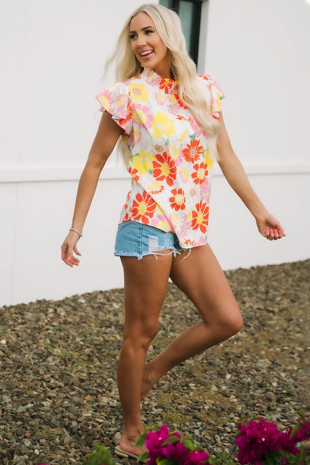 Multicolor Stand Collar Flutter Sleeve Floral Top