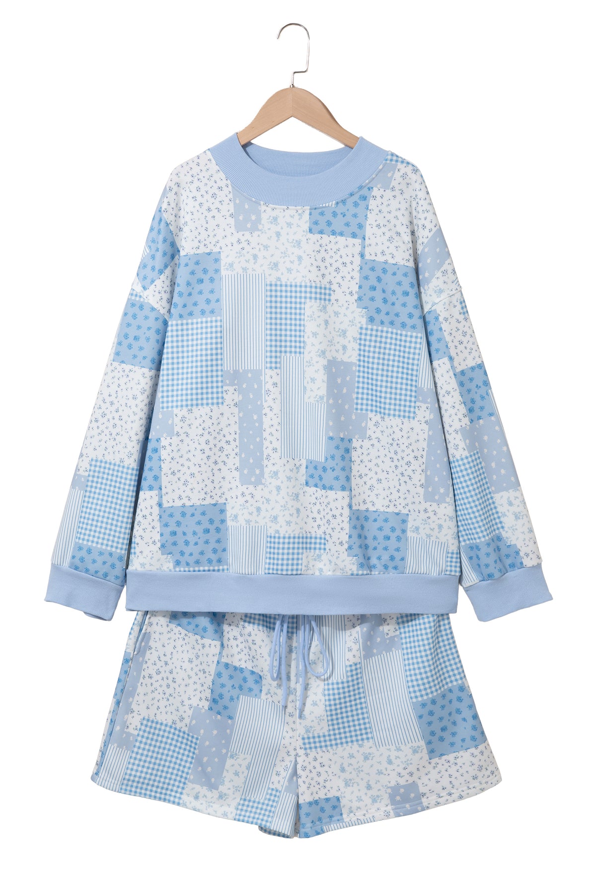 Womens Plus Size Light Blue Floral Patchwork Top and Shorts Set 1X to 4X