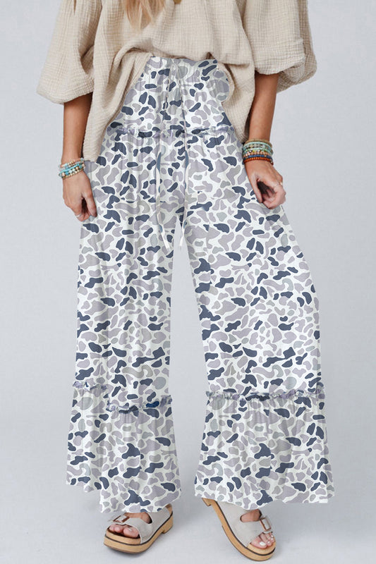 Beige Camo Print Elastic Waist Wide Leg Pants | S–XL