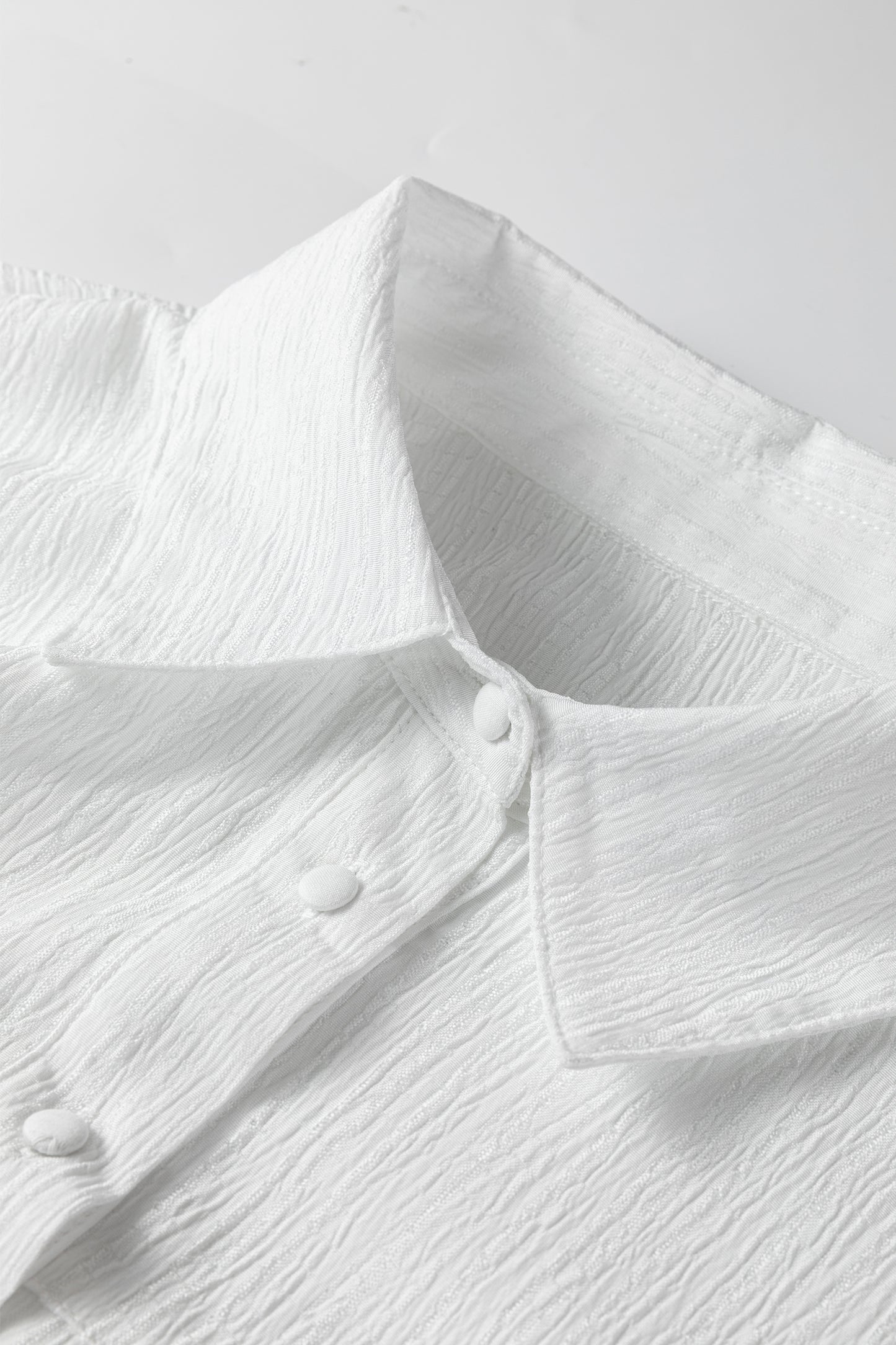 White Crinkle Texture Balloon Sleeve Button-Down Loose Shirt Women S–XL