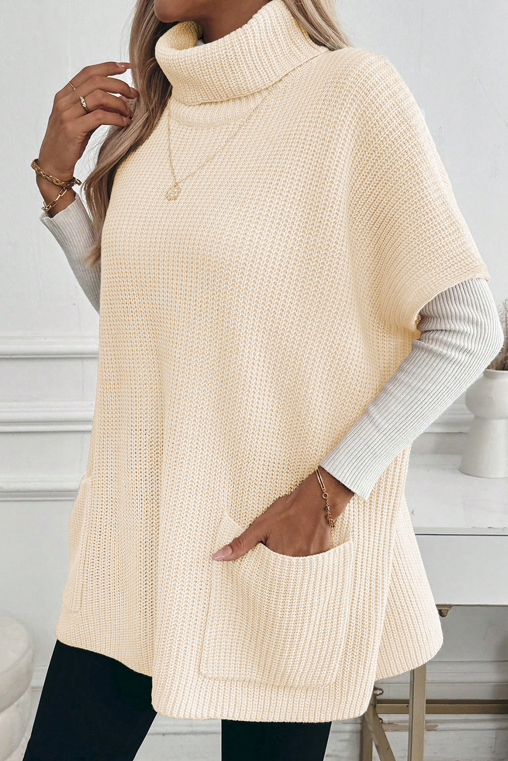 Turtleneck Short Sleeve Tunic Sweater with Pockets