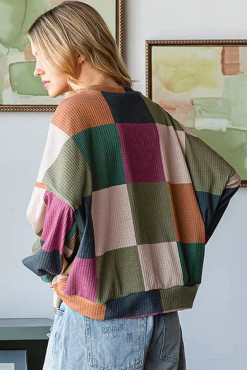 Checkered Print Textured Knit Long Sleeve Loose Top