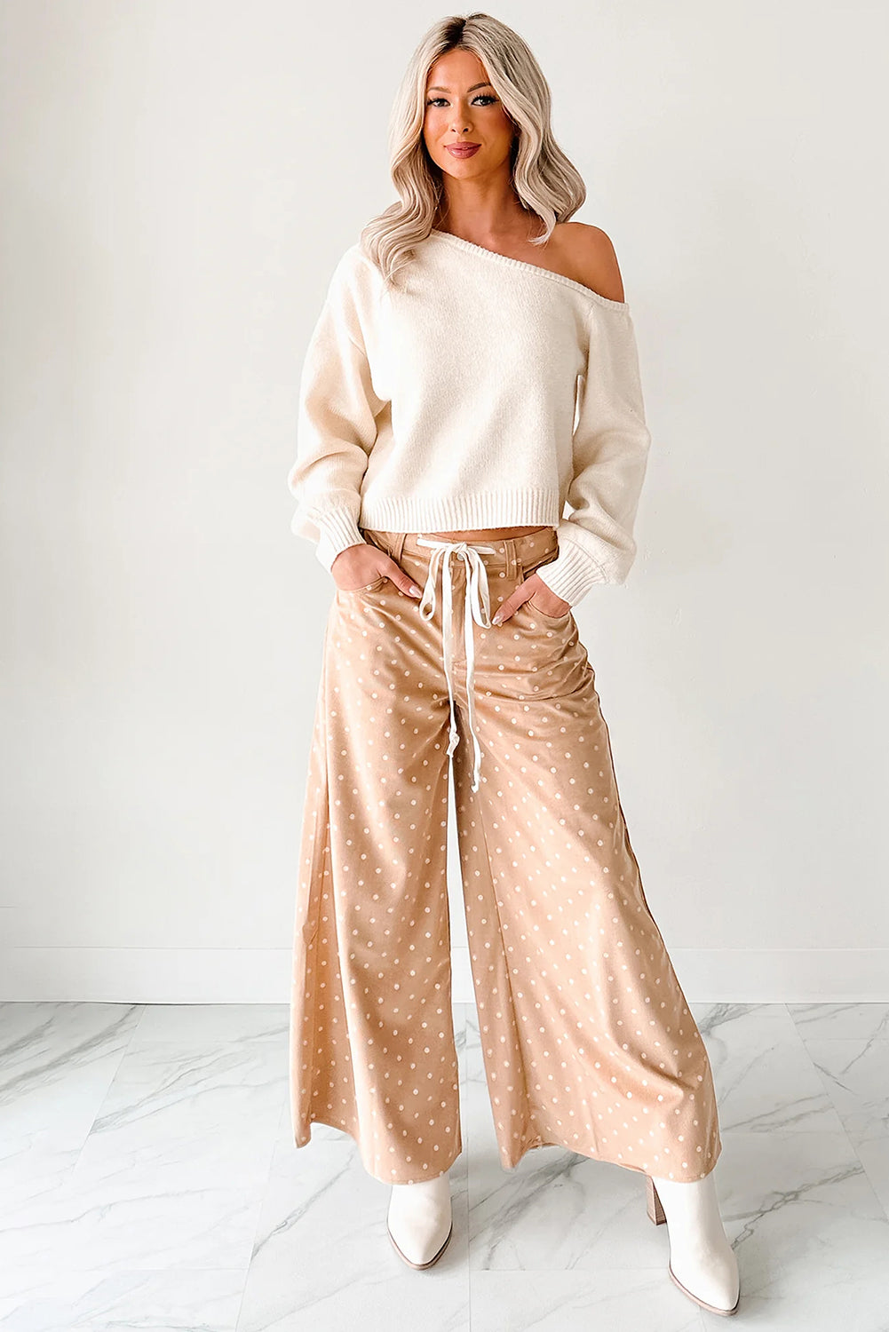 Cream Polka Dot Print Drawstring Wide Leg Pants