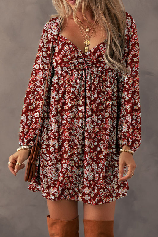 Floral Print Sweetheart Neck Ruched Bust Shirred Back Bubble Sleeve Mini Dress